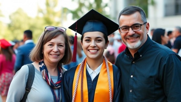 Joyful graduate with family celebrating under clear skies.