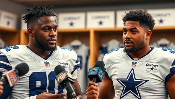 Dallas Cowboys players during locker room interviews, team apparel.