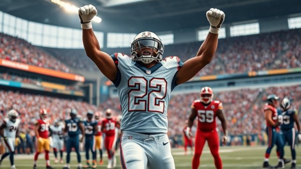Myles Garrett celebrating on field amid NFL game action.