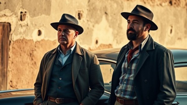 Michael B. Jordan on Sinners - two men in vintage attire near a classic car.