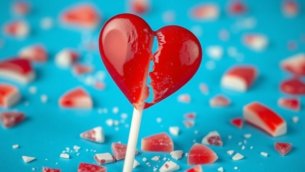 Shattered heart-shaped lollipop symbolizing how to get over a breakup.