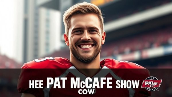 The Pat McAfee Show analysis featuring a smiling athlete in a vibrant sports setting.