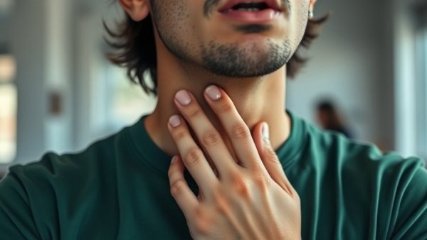 Person showing throat discomfort, representing super flu symptoms in soft lighting.