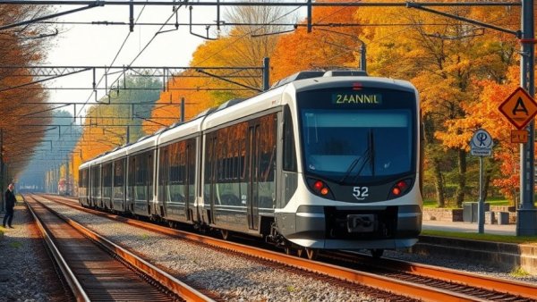 Modern train on North Texas public transit system tracks, autumn setting.