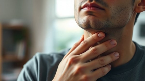 Person with sore throat, discomfort depicted, indicating symptom duration.