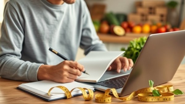 Individual planning healthy diet with laptop and notes, starting a diet that’s right for you.