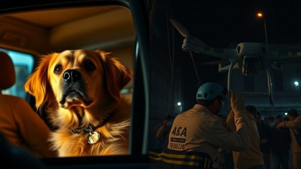 Drone technology in pet rescue: split image of a dog in a vehicle and an aerial rescue scene.