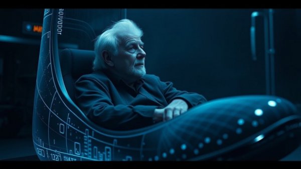 Elderly figure in a holographic shoe reflecting on healthy aging tips.