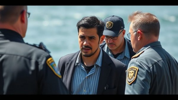 Officials detaining individual near water with blurred background.