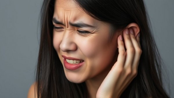 Woman experiencing ear discomfort illustrating diet influence on tinnitus risk.