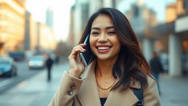 Young woman talking on phone, smiling brightly, promoting healthy aging habits.