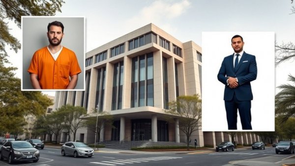 Modern courthouse with trees and street, inset portraits for Adrian Gonzales trial Uvalde