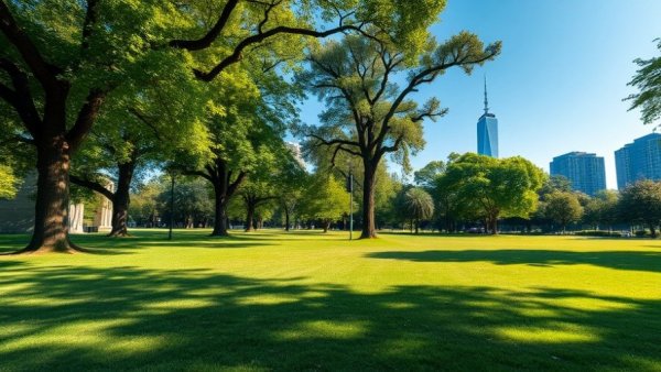 Open parkland at Hermann Park with distant view of skyscraper.