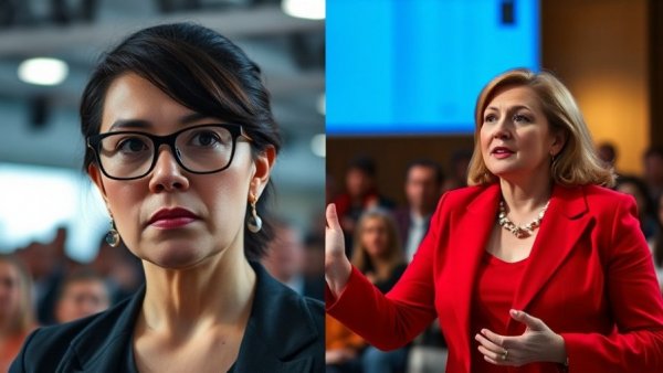 Contrasting split-screen of two women, one with glasses and the other speaking publicly.