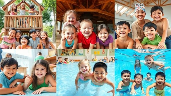 Children enjoying activities at Austin summer camp, including climbing and swimming.