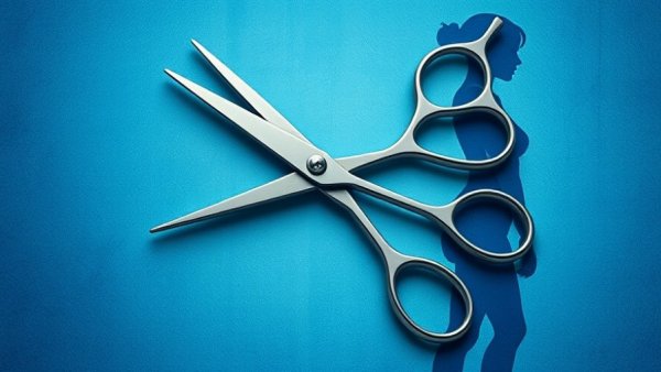 Artistic illustration of surgical scissors on abstract blue background related to mommy makeover mental health.