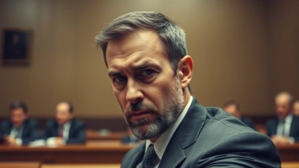 Serious man in courtroom, Texas school shooting response accountability.