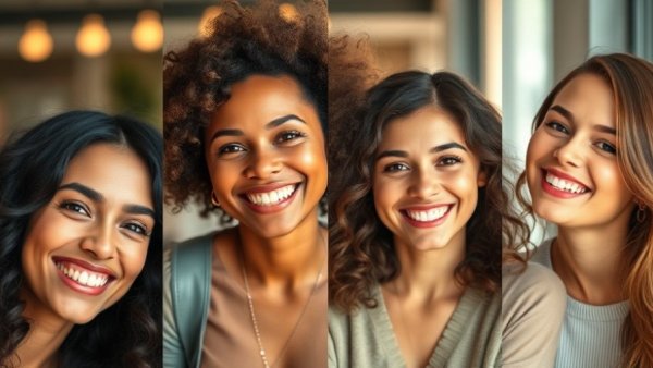 Collage of smiling women with diverse hairstyles in a soft-lit setting.