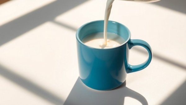 Mug with sun design and milk pouring in for vitamin D intake in winter.