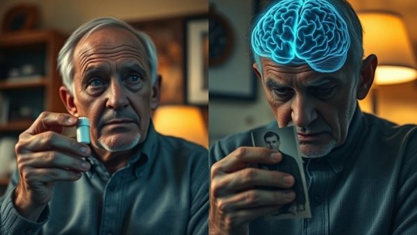 A concerned older man with medication and glowing brain.
