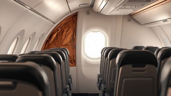 Aircraft cabin with exposed wall near window, damaged insulation.