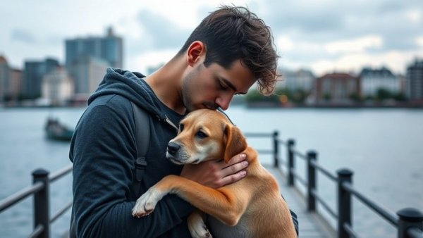 Contemplative person holds dog by riverside, capturing grief of losing an animal companion.