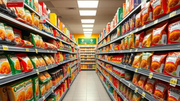 Grocery aisle with packaged foods highlighting preservatives in context of type 2 diabetes risk.