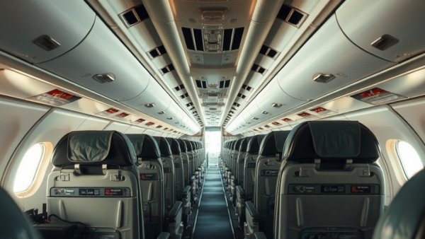 Airplane cabin disarray, possible Boeing issue, cinematic view.