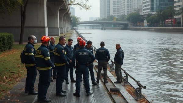 Emergency responders near San Antonio River, assessing recovery scene.