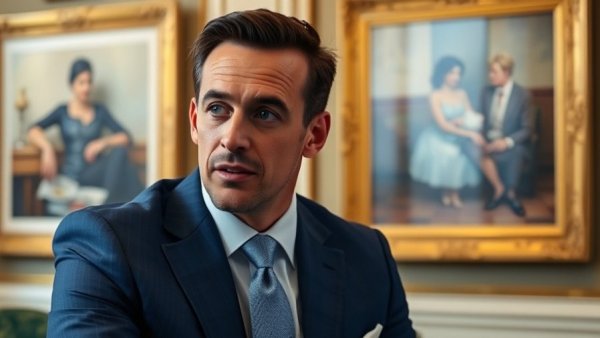 Man in blue suit discussing in upscale room, Greenland sovereignty negotiations.