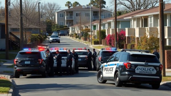 Police vehicles at crime scene for New Year's Day murder case.