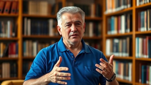 Middle-aged man discussing healthy aging nutrition in a library setting.