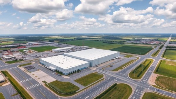 Aerial view of Pegatron Georgetown factory with white roof and surrounding roads.
