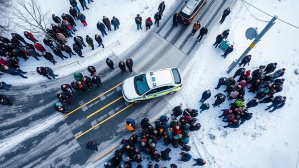 Crowd and police at snowy intersection in Minneapolis.