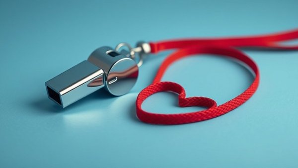 Silver whistle with heart-shaped lanyard on blue background, make dating fun again.