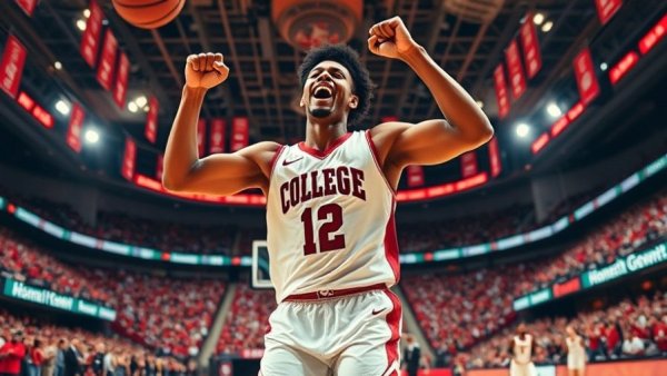 Big 12 College Sports basketball player celebrating on court with cheering fans.