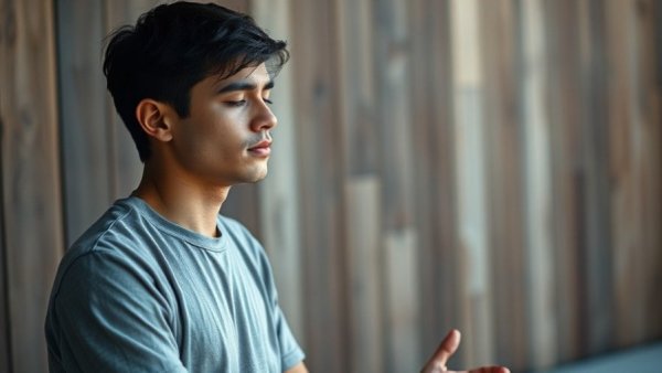Young man meditating for emotional detox, serene ambiance.
