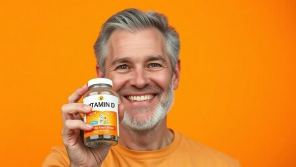 Man holding Vitamin D bottle with energetic background