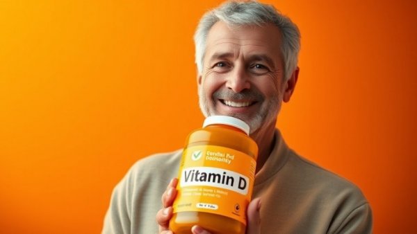 Man holding vitamin D bottle smiling, vibrant orange background.