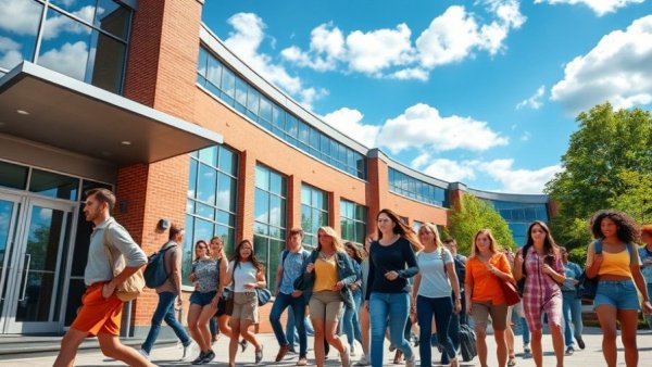 Texas A&M university building with diverse students exiting.