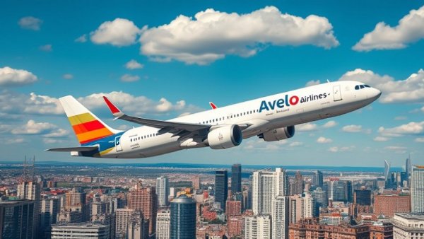 Avelo Airlines plane soaring above city skyline, clear sky background.