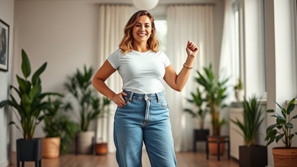 Woman celebrating weight loss with oversized jeans in bright room.