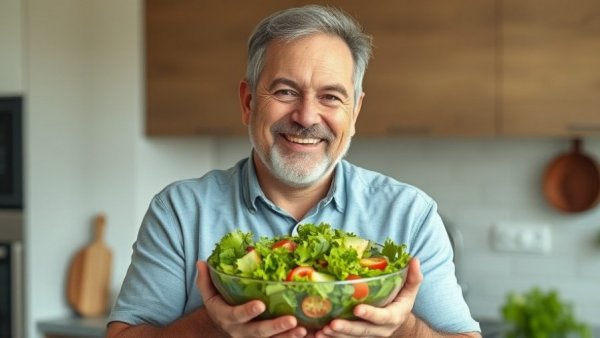 Plant-based diets save lives, featuring a smiling man with a salad.