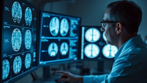 Radiologist analyzing brain scans, meeting radiology billing requirements.