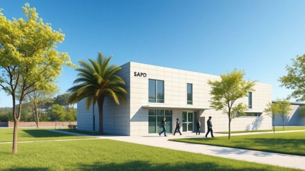 SAPD substation San Antonio modern design with people and trees