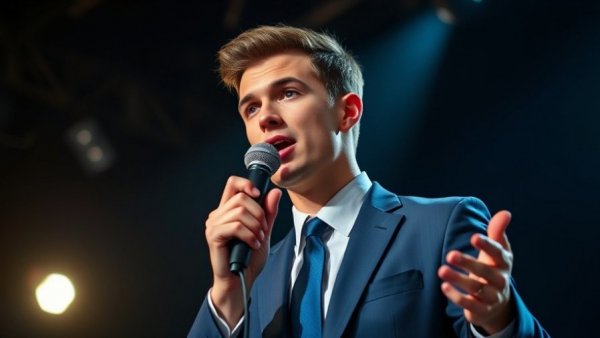 Speaker in blue suit discussing Texas teachers union lawsuit on stage