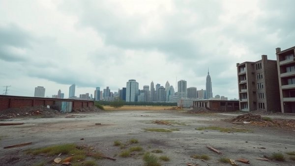 Barren urban lot post-demolition, Houston skyline in background.