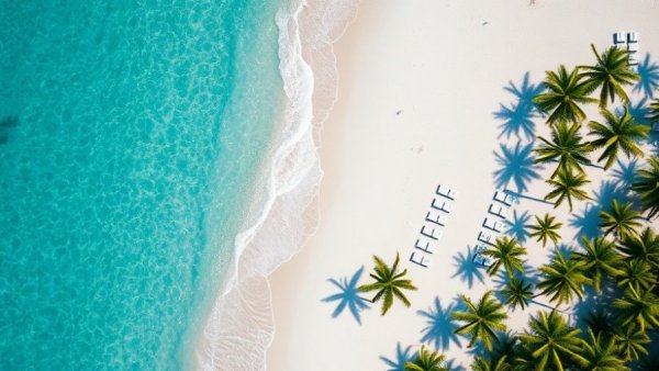 Aerial view of a stunning Caribbean beach with palm trees and sun loungers.