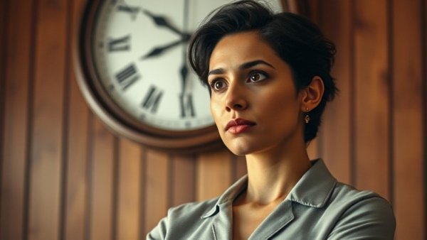 Thoughtful woman illustrating fresh start effect concept with a clock.