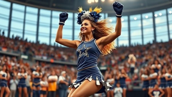 Dallas Cowboys cheerleader performing energetically at stadium.